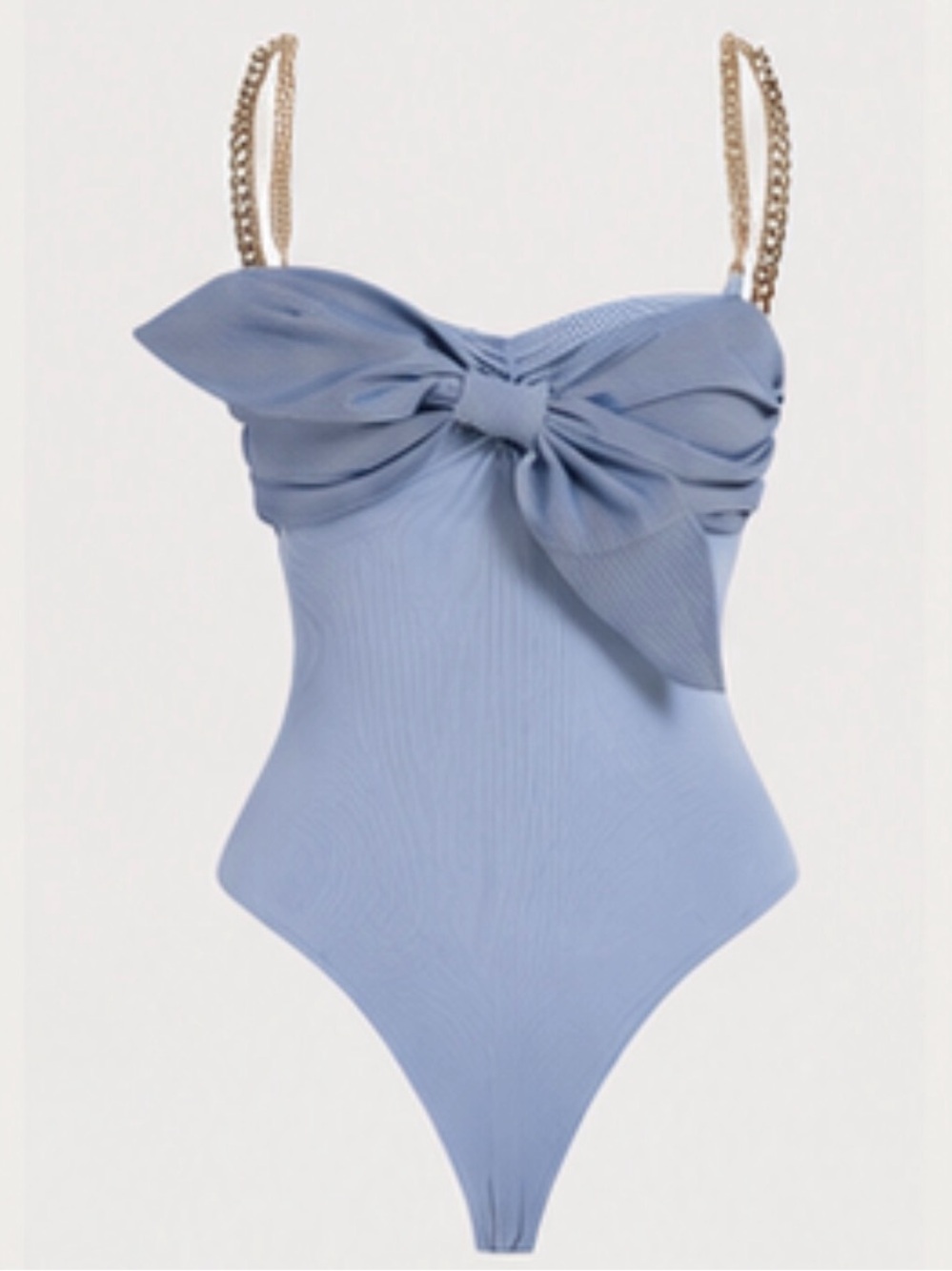 Patchwork Metallic Chain Knot Sleeveless Bodysuit - Light Blue